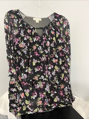 Christopher & Banks Black Floral Keyhole Peasant Blouse